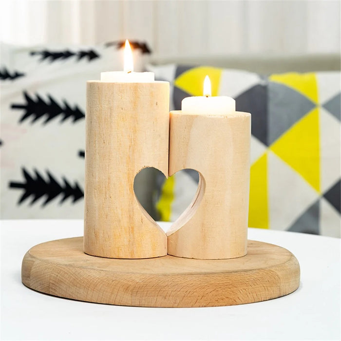 2Pcs / Set Valentine Day Heart Design Round Wooden Candle Holder Romantic Table Decoration - 4