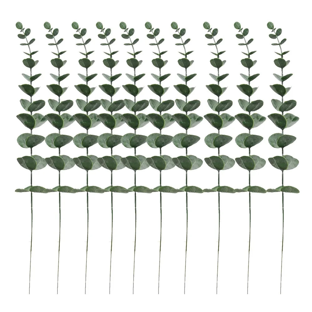 10Pcs Artificial Eucalyptus Stems Plastic Faux Plant Home Office Wedding Party Decor - Blackish Green with White Powder - 1