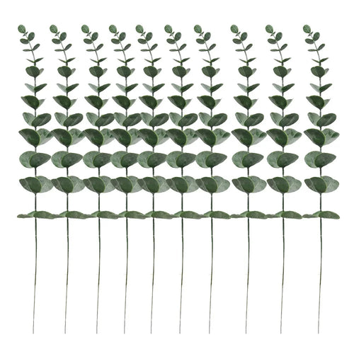 10Pcs Artificial Eucalyptus Stems Plastic Faux Plant Home Office Wedding Party Decor - Blackish Green with White Powder - 1