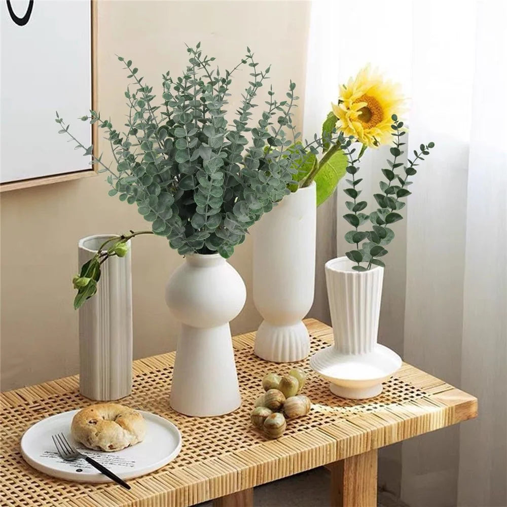 10Pcs Artificial Eucalyptus Stems Plastic Faux Plant Home Office Wedding Party Decor - Blackish Green with White Powder - 2