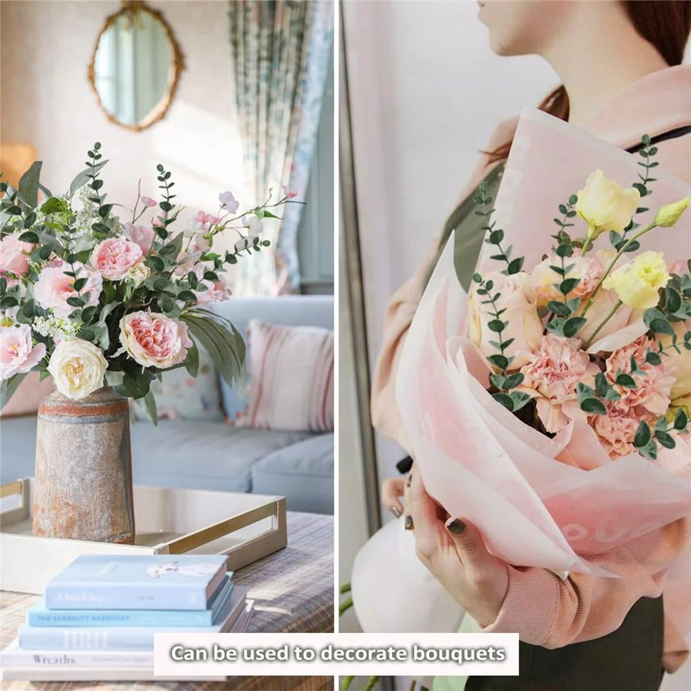 10Pcs Artificial Eucalyptus Stems Plastic Faux Plant Home Office Wedding Party Decor - Blackish Green with White Powder - 3