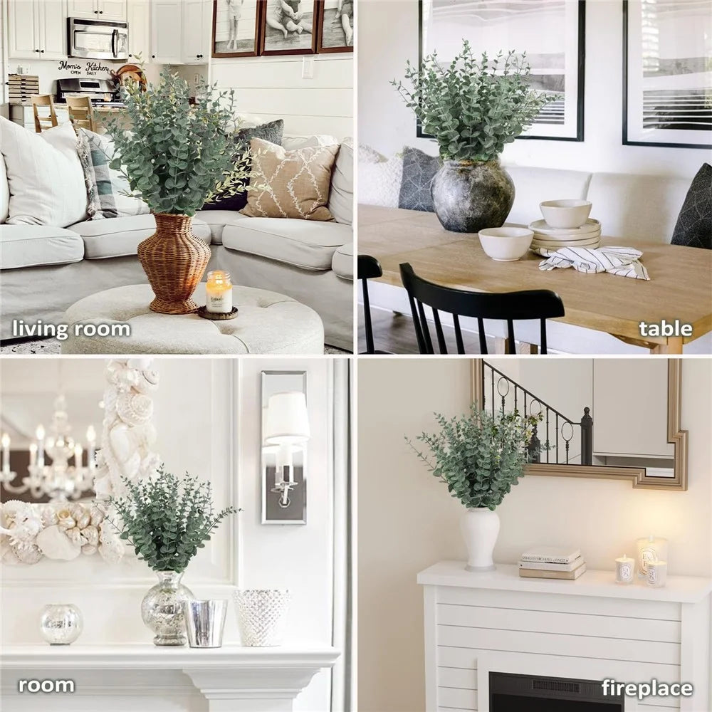 10Pcs Artificial Eucalyptus Stems Plastic Faux Plant Home Office Wedding Party Decor - Blackish Green with White Powder - 4