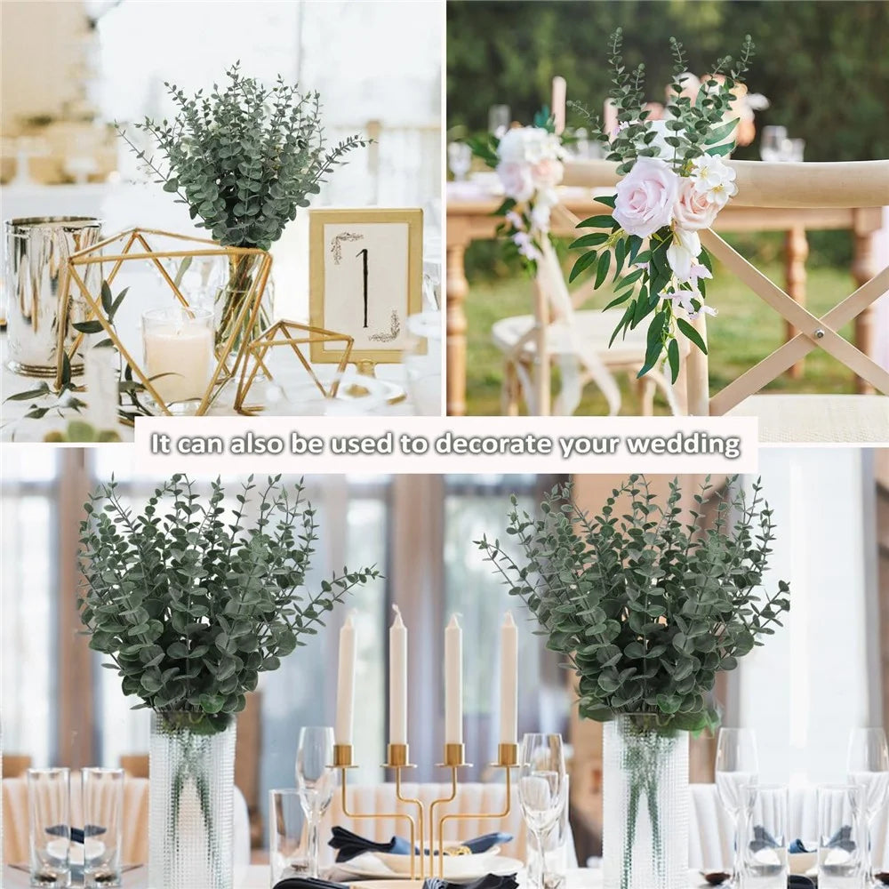 10Pcs Artificial Eucalyptus Stems Plastic Faux Plant Home Office Wedding Party Decor - Blackish Green with White Powder - 5