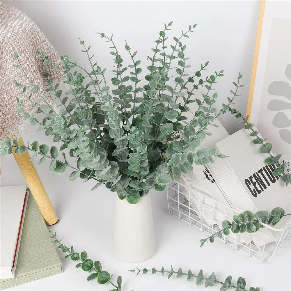 10Pcs Artificial Eucalyptus Stems Plastic Faux Plant Home Office Wedding Party Decor - Blackish Green with White Powder - 6