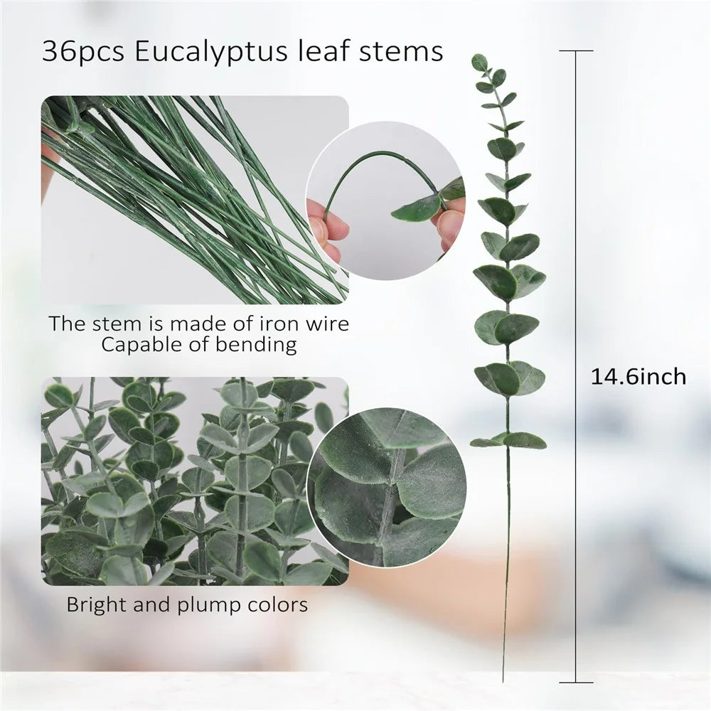 10Pcs Artificial Eucalyptus Stems Plastic Faux Plant Home Office Wedding Party Decor - Blackish Green with White Powder - 7