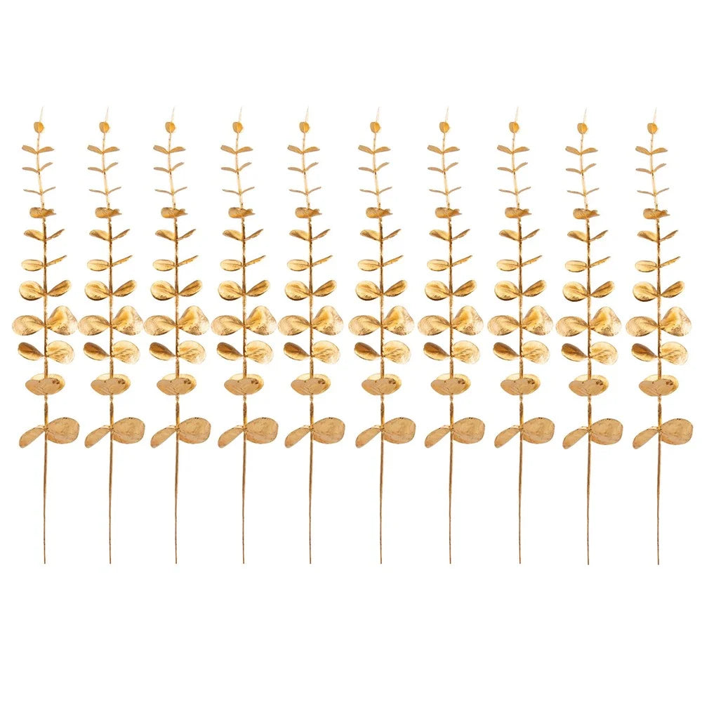 10Pcs Artificial Eucalyptus Stems Plastic Faux Plant Home Office Wedding Party Decor - Gold - 1