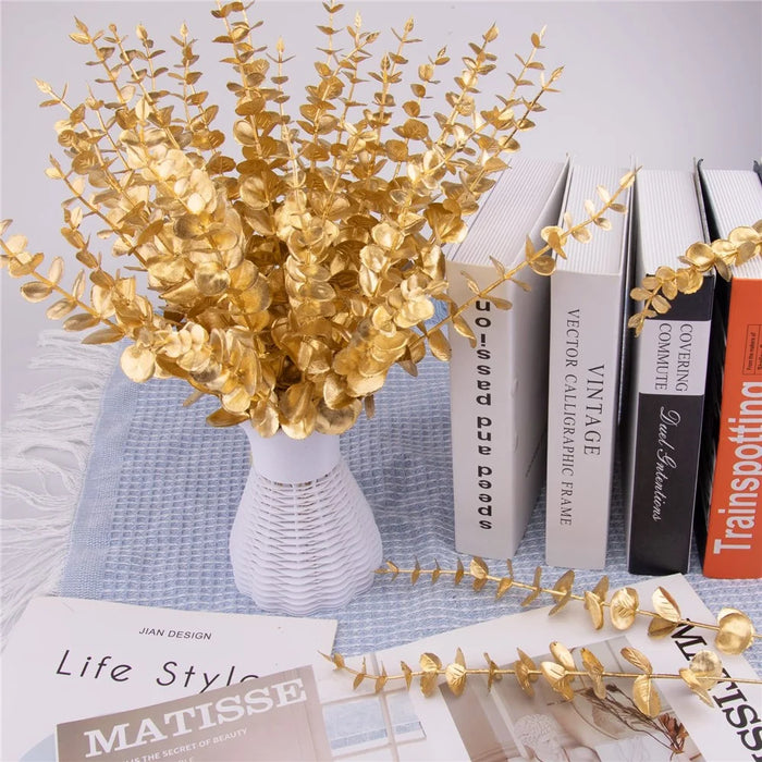 10Pcs Artificial Eucalyptus Stems Plastic Faux Plant Home Office Wedding Party Decor - Gold - 2