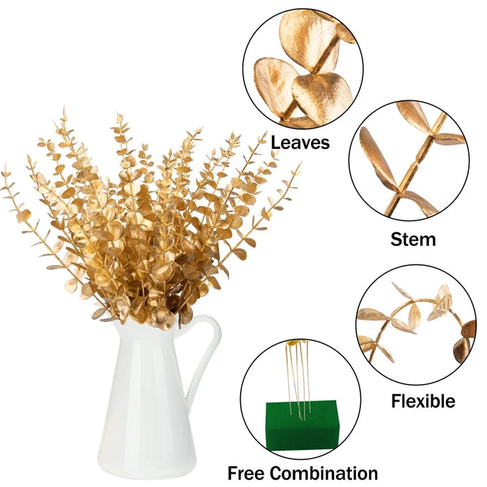 10Pcs Artificial Eucalyptus Stems Plastic Faux Plant Home Office Wedding Party Decor - Gold - 4