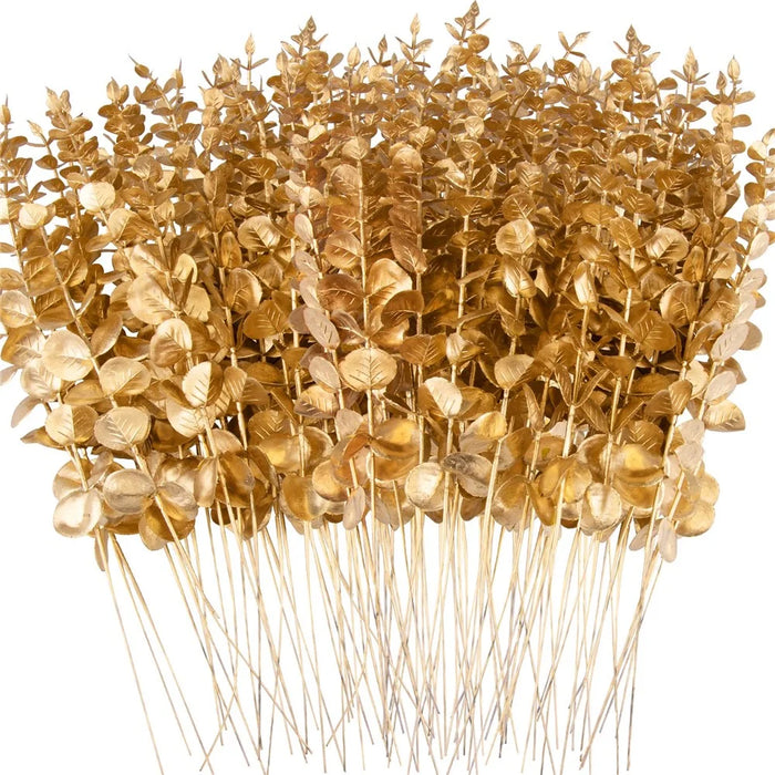 10Pcs Artificial Eucalyptus Stems Plastic Faux Plant Home Office Wedding Party Decor - Gold - 6