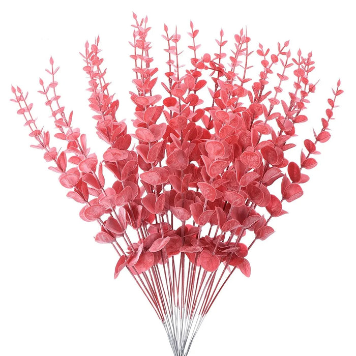 10Pcs Artificial Eucalyptus Stems Plastic Faux Plant Home Office Wedding Party Decor - Red - 2