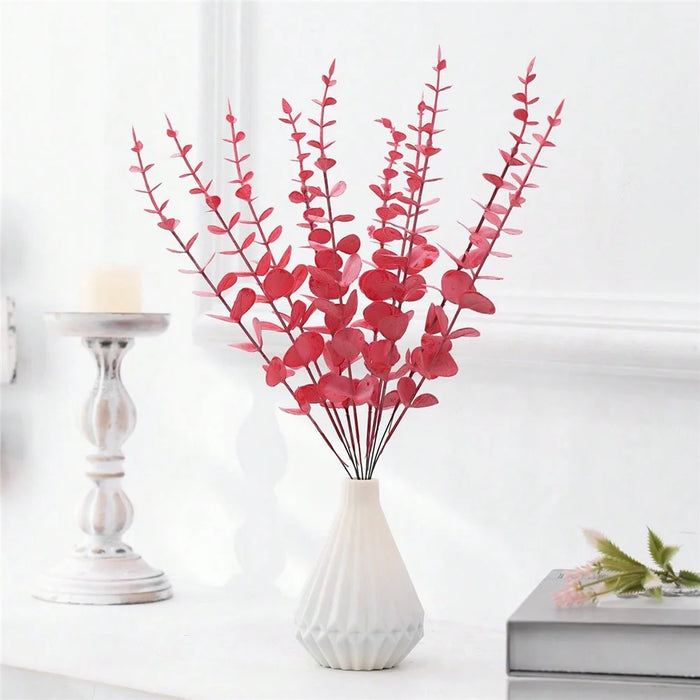 10Pcs Artificial Eucalyptus Stems Plastic Faux Plant Home Office Wedding Party Decor - Red - 3