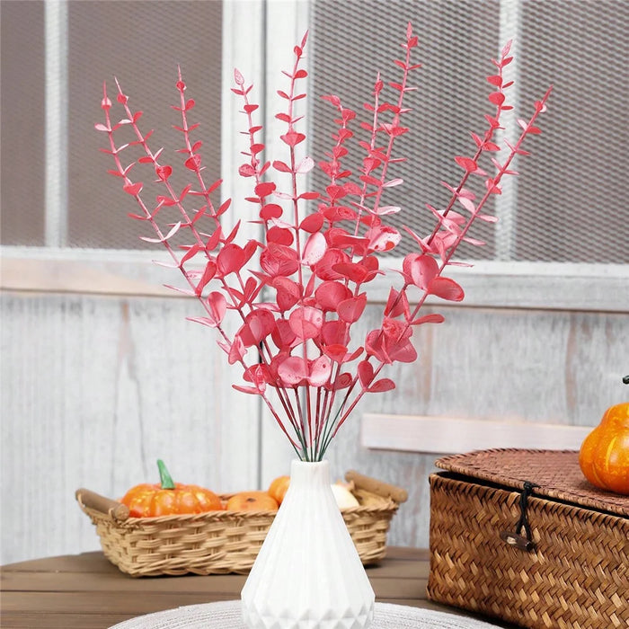 10Pcs Artificial Eucalyptus Stems Plastic Faux Plant Home Office Wedding Party Decor - Red - 4