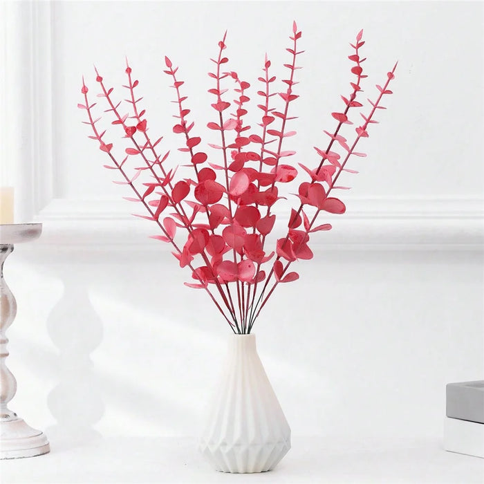 10Pcs Artificial Eucalyptus Stems Plastic Faux Plant Home Office Wedding Party Decor - Red - 6