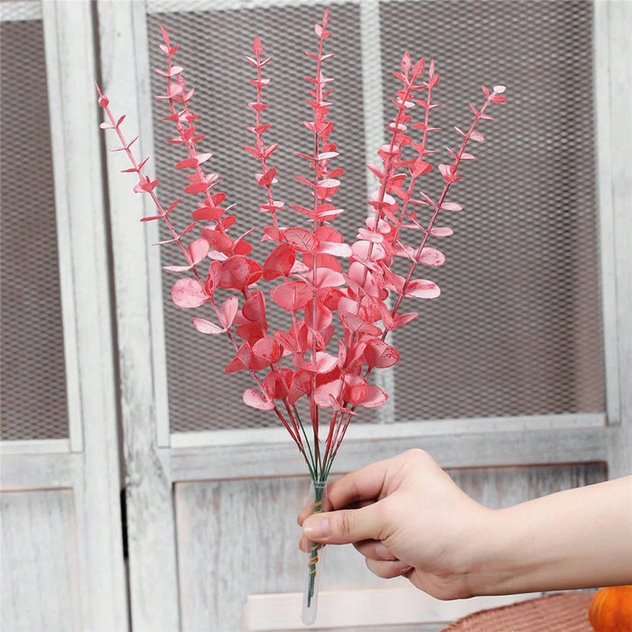 10Pcs Artificial Eucalyptus Stems Plastic Faux Plant Home Office Wedding Party Decor - Red - 7