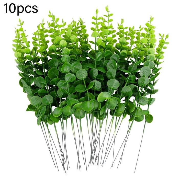 10Pcs Artificial Eucalyptus Stems Plastic Faux Plant Home Office Wedding Party Decor - Green - 1