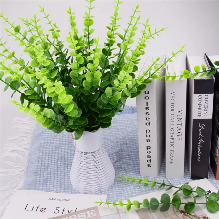 10Pcs Artificial Eucalyptus Stems Plastic Faux Plant Home Office Wedding Party Decor - Green - 6
