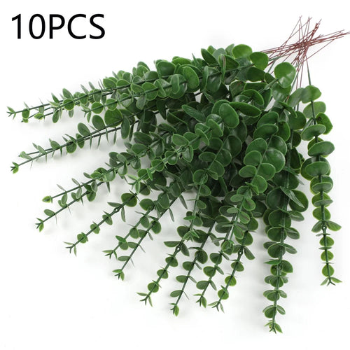 10Pcs Artificial Eucalyptus Stems Plastic Faux Plant Home Office Wedding Party Decor - Blackish Green - 1