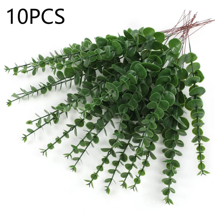 10Pcs Artificial Eucalyptus Stems Plastic Faux Plant Home Office Wedding Party Decor - Blackish Green - 1