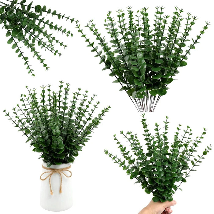 10Pcs Artificial Eucalyptus Stems Plastic Faux Plant Home Office Wedding Party Decor - Blackish Green - 6
