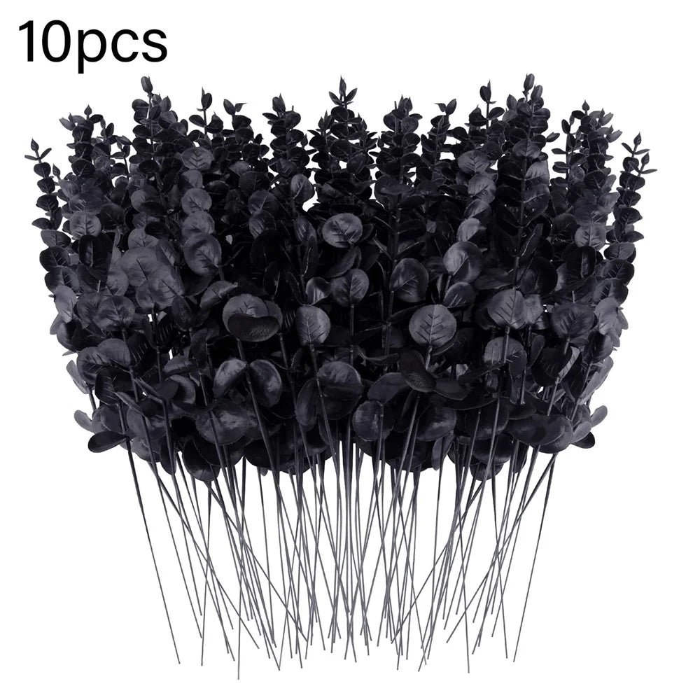 10Pcs Artificial Eucalyptus Stems Plastic Faux Plant Home Office Wedding Party Decor - Black - 1