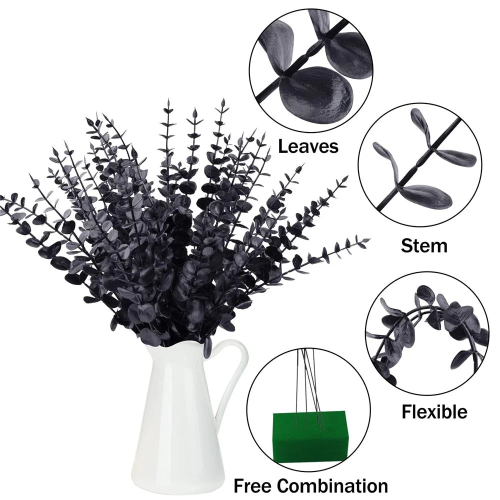 10Pcs Artificial Eucalyptus Stems Plastic Faux Plant Home Office Wedding Party Decor - Black - 2
