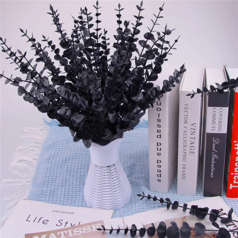 10Pcs Artificial Eucalyptus Stems Plastic Faux Plant Home Office Wedding Party Decor - Black - 6