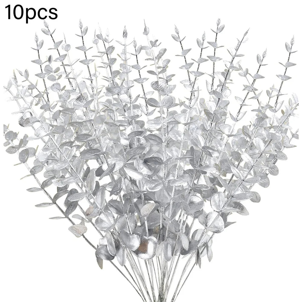 10Pcs Artificial Eucalyptus Stems Plastic Faux Plant Home Office Wedding Party Decor - Silver - 1
