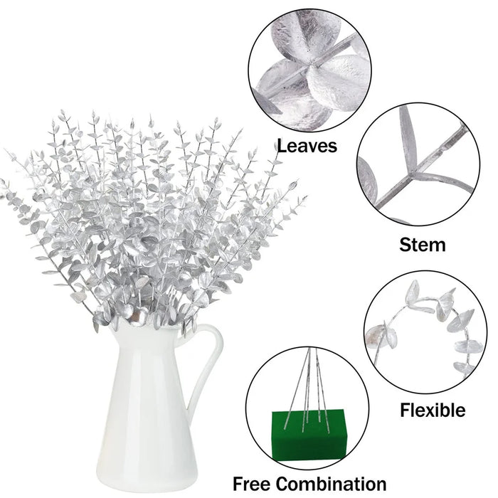 10Pcs Artificial Eucalyptus Stems Plastic Faux Plant Home Office Wedding Party Decor - Silver - 2