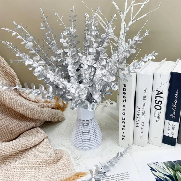 10Pcs Artificial Eucalyptus Stems Plastic Faux Plant Home Office Wedding Party Decor - Silver - 6
