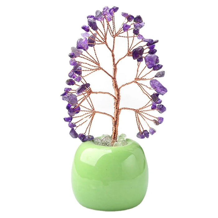 Natural Crystal Money Tree with Ceramic Base Fortune Tree Ornament for Office Home Decor - Purple  /  Green - 1