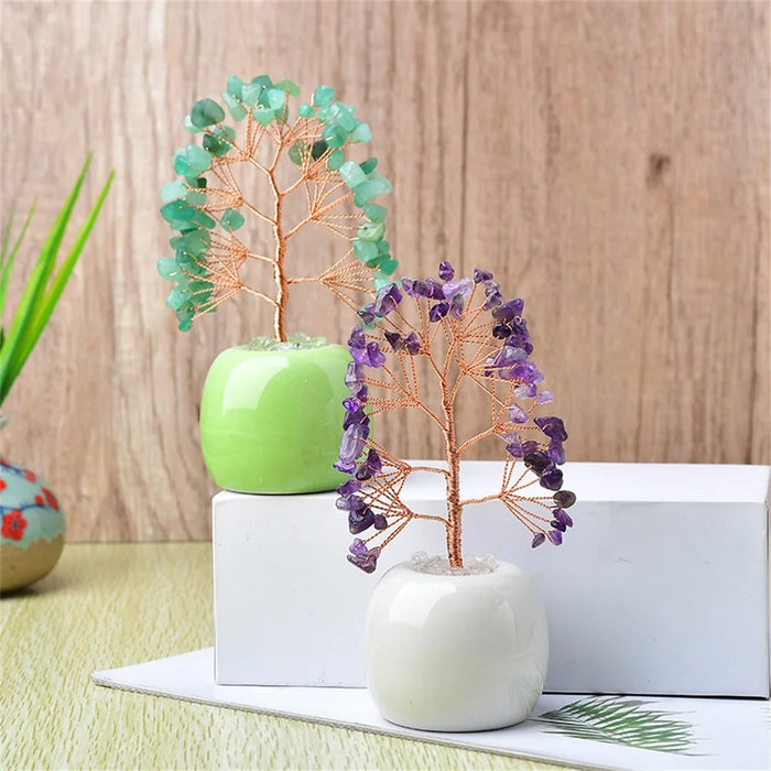 Natural Crystal Money Tree with Ceramic Base Fortune Tree Ornament for Office Home Decor - Purple  /  Green - 3