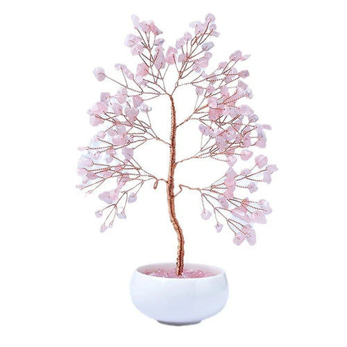 Pink Crystal Money Tree with Ceramic Base for Home Office Wealth Good Luck Decor Bonsai Ornament - 1