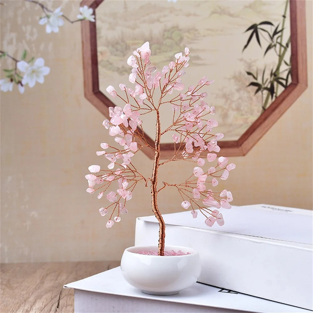Pink Crystal Money Tree with Ceramic Base for Home Office Wealth Good Luck Decor Bonsai Ornament - 2