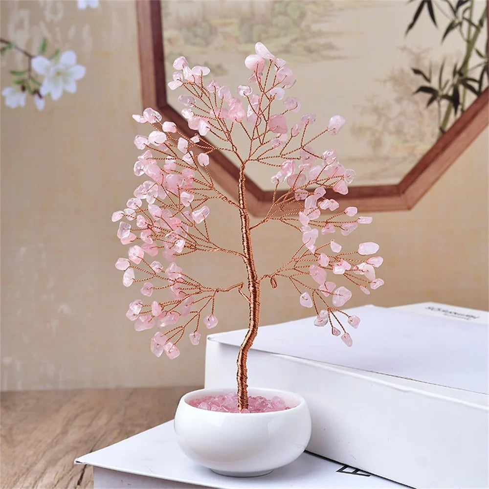 Pink Crystal Money Tree with Ceramic Base for Home Office Wealth Good Luck Decor Bonsai Ornament - 3