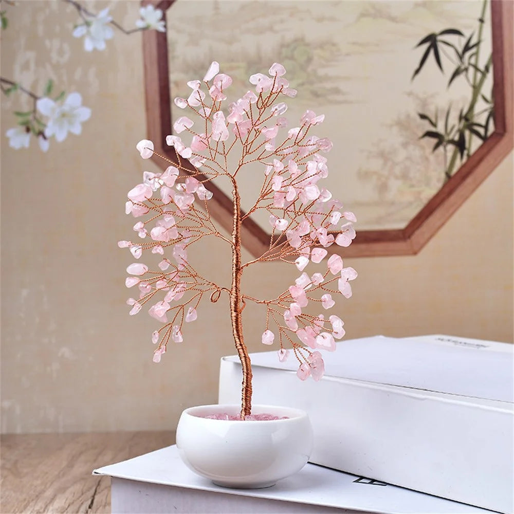 Pink Crystal Money Tree with Ceramic Base for Home Office Wealth Good Luck Decor Bonsai Ornament - 4
