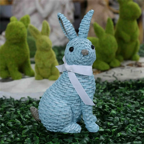 Rattan Effect Resin Rabbit with Bowknot Home Garden Children Room Ornament - Blue Sitting Position - 1