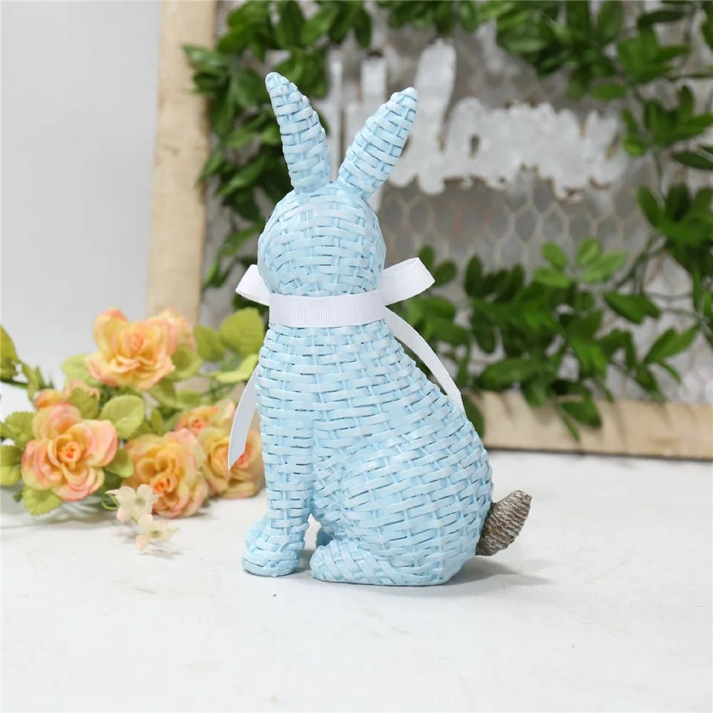 Rattan Effect Resin Rabbit with Bowknot Home Garden Children Room Ornament - Blue Sitting Position - 3
