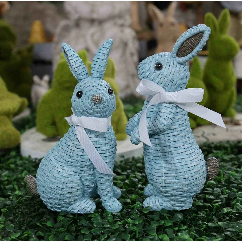 Rattan Effect Resin Rabbit with Bowknot Home Garden Children Room Ornament - Blue Sitting Position - 5