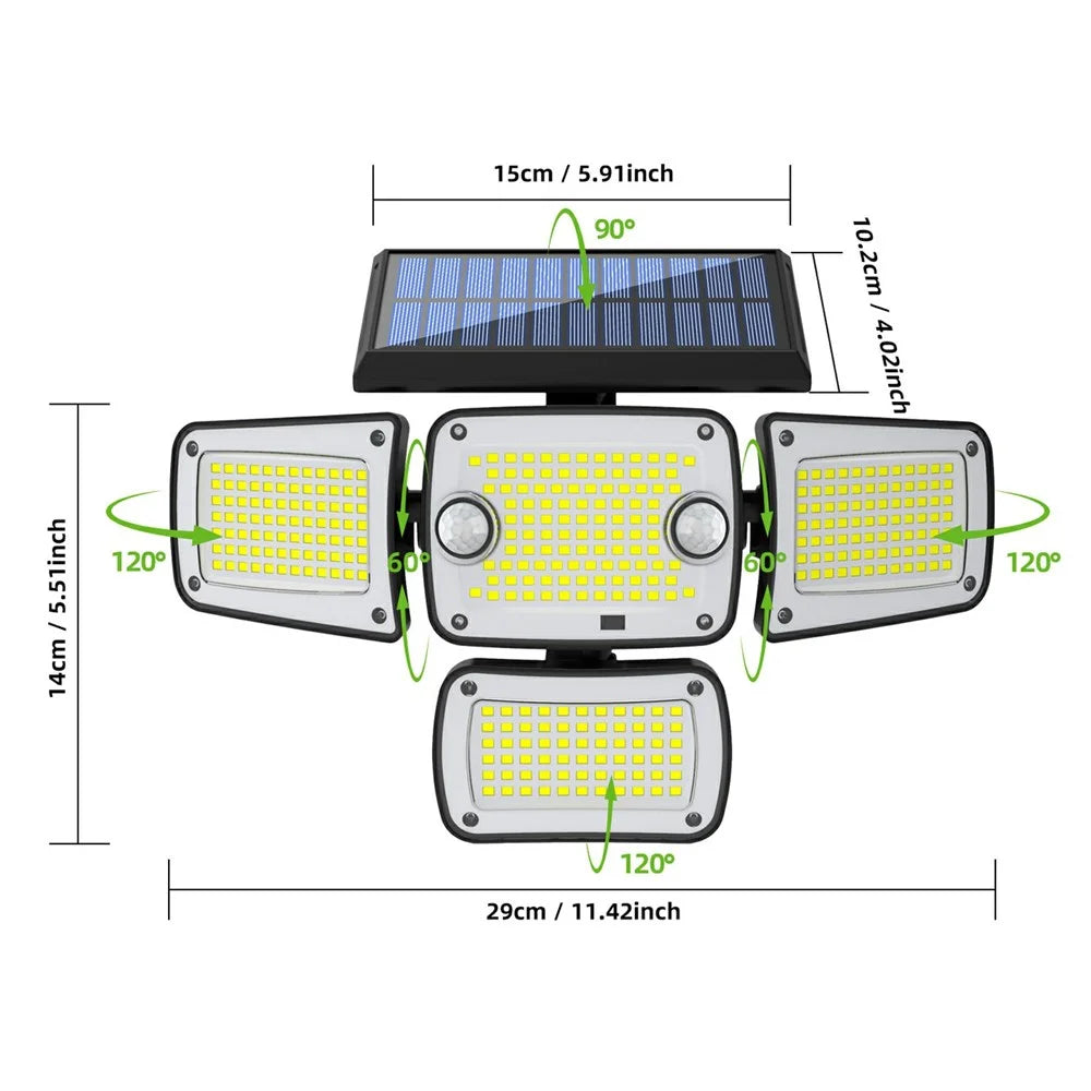 TY10312 4 Heads Solar Outdoor Wall Light 342 LED Motion Sensor Lamp for Garden Yard Pathway - 7