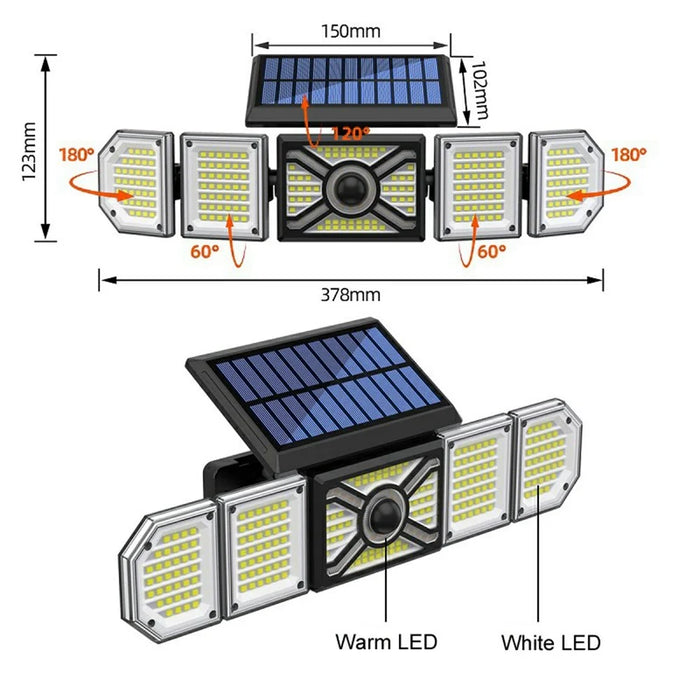 TY10708 Solar Powered 5 Heads 244 LED Wall Light Outdoor Waterproof Motion Sensor Lamp - 7