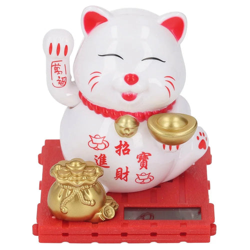 Solar Powered Lucky Cat Waving Hand Beckoning Fortune Cat Figurines for Car Dashboard / Home Decor - 2032-White - 1