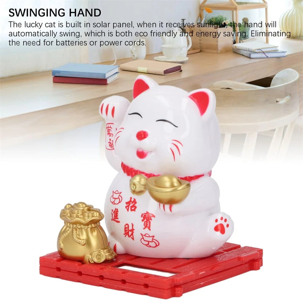 Solar Powered Lucky Cat Waving Hand Beckoning Fortune Cat Figurines for Car Dashboard / Home Decor - 2032-White - 2