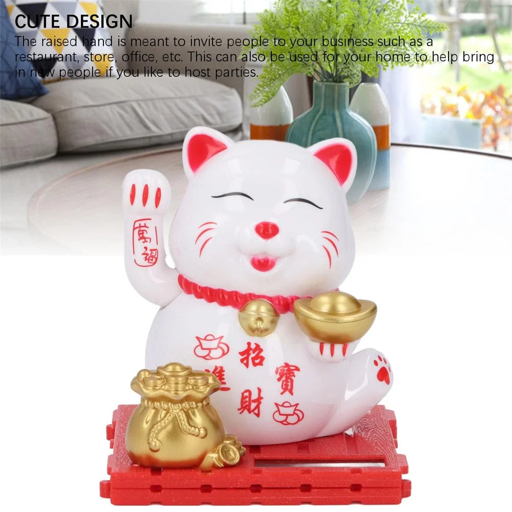 Solar Powered Lucky Cat Waving Hand Beckoning Fortune Cat Figurines for Car Dashboard / Home Decor - 2032-White - 3