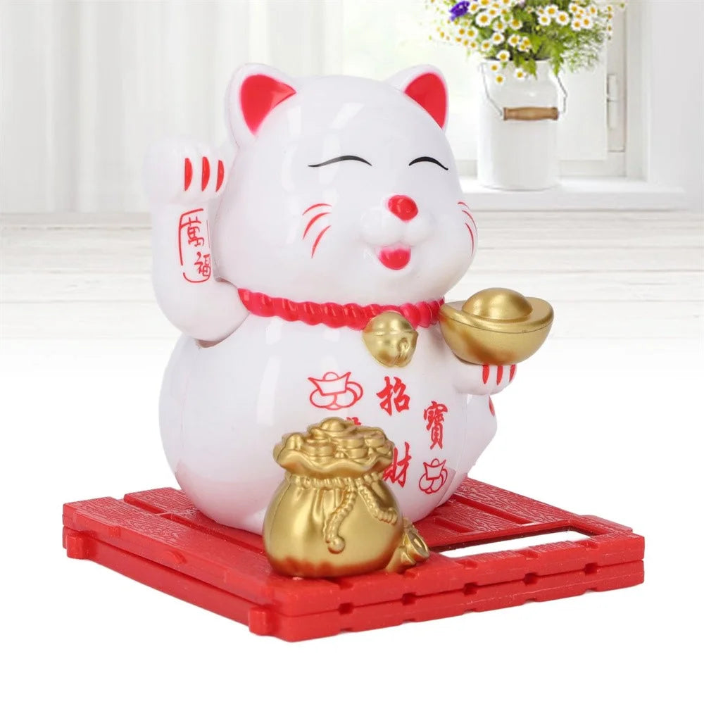 Solar Powered Lucky Cat Waving Hand Beckoning Fortune Cat Figurines for Car Dashboard / Home Decor - 2032-White - 4