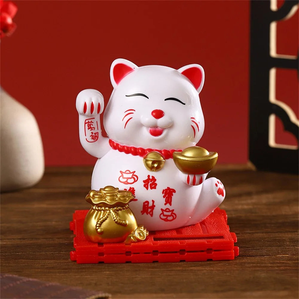 Solar Powered Lucky Cat Waving Hand Beckoning Fortune Cat Figurines for Car Dashboard / Home Decor - 2032-White - 5