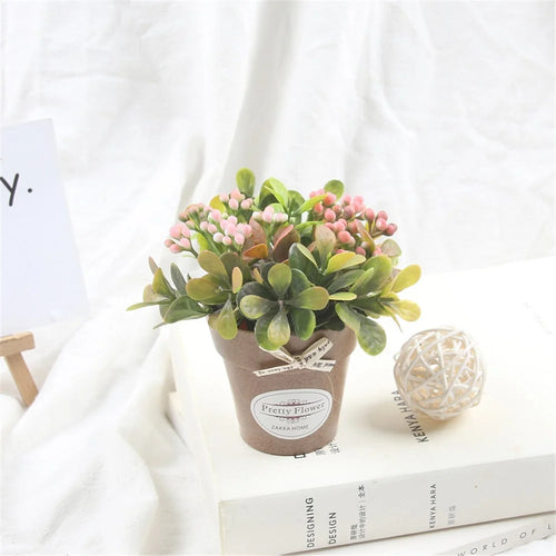 Artificial Flower Small Bonsai Plastic Fake Plant Floral Decoration Desktop Ornament - Pink - 1