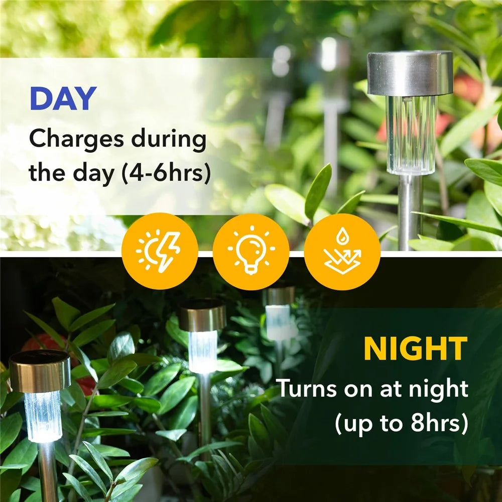 10PCS Solar Stainless Steel LED Landscape Lights 5.5cm Diameter Garden Lawn Path Stake Lamps - White Light - 5