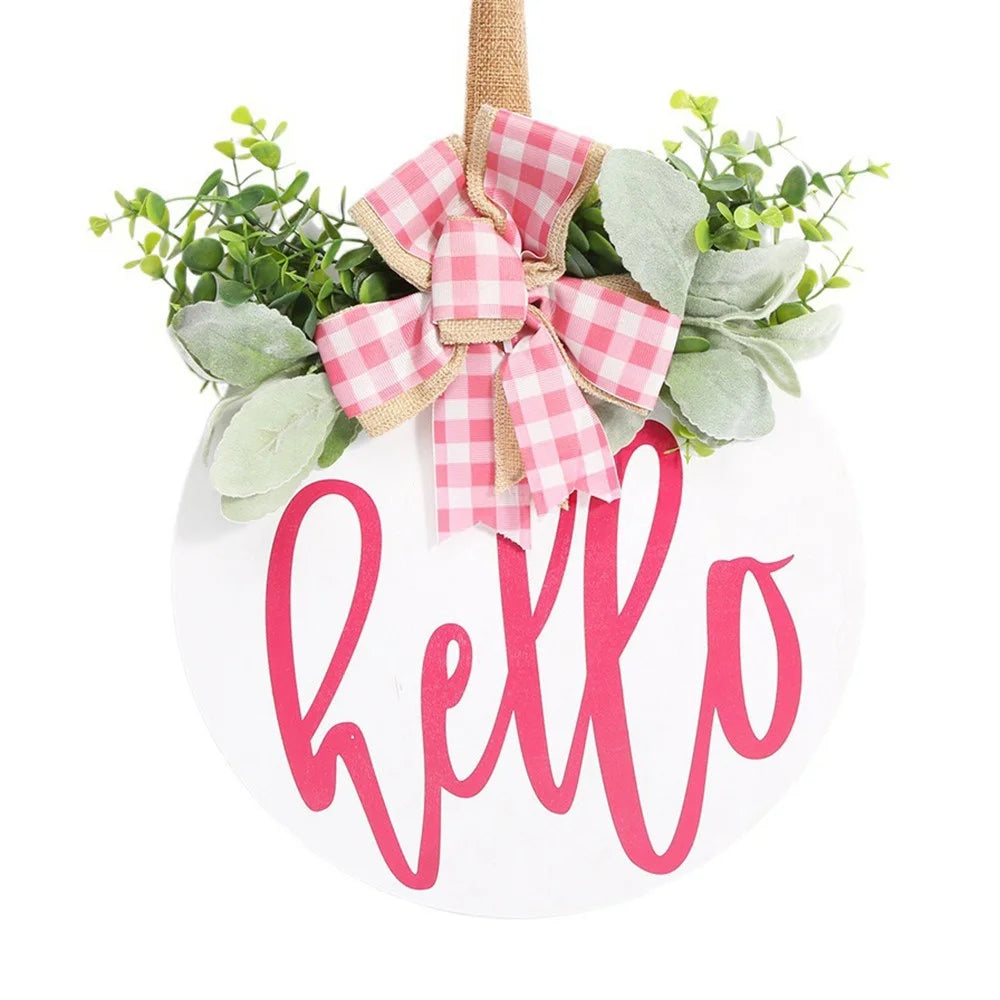 Wooden Round Welcome Sign Door Hanger with Bow Wreath Decoration for Home Entrance - 1