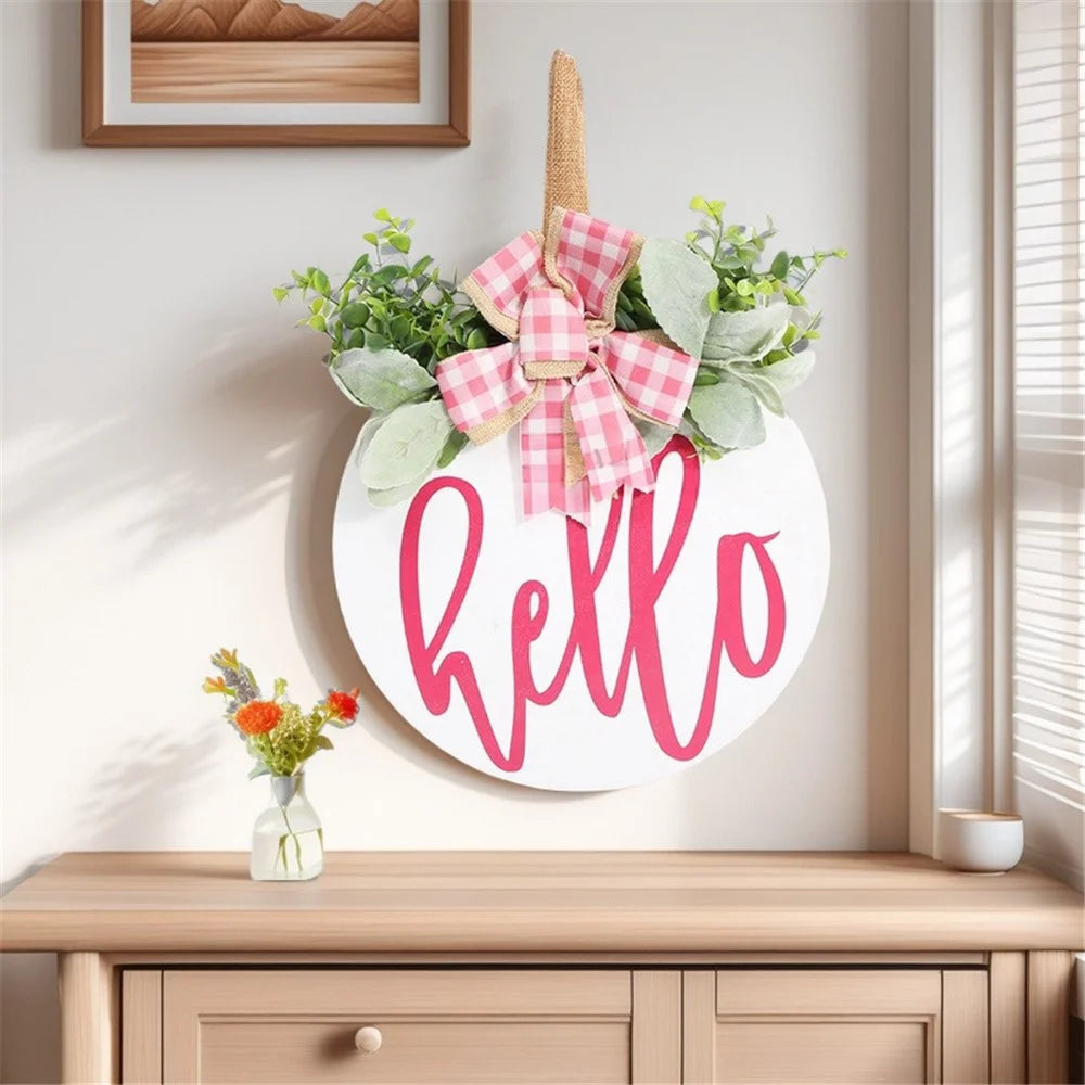Wooden Round Welcome Sign Door Hanger with Bow Wreath Decoration for Home Entrance - 2