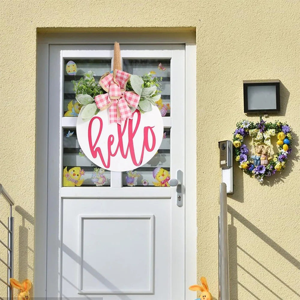 Wooden Round Welcome Sign Door Hanger with Bow Wreath Decoration for Home Entrance - 3